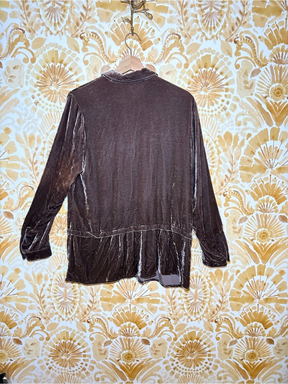 J. Jill Brown Silk Blend Velvet Blouse | Button Front Long Sleeve Peplum Top - Picture 6 of 13